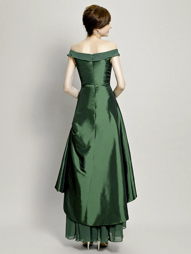 A-Line Mother of the Bride Dress Elegant High Low Off Shoulder Asymmetrical Chiffon Taffeta Short Sleeve with Pick Up Skirt Bow(s)