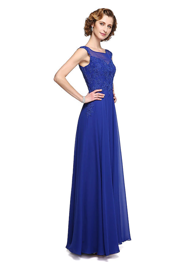 A-Line Mother of the Bride Dress Elegant Jewel Neck Ankle Length Chiffon Lace Sleeveless