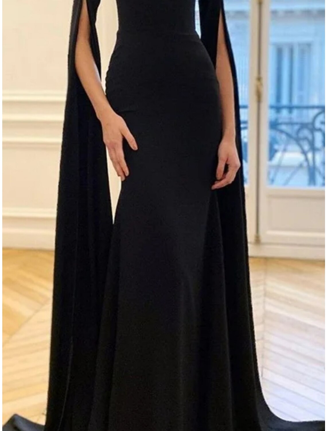 A-Line Evening Gown Elegant Dress Black Dress Formal Sweep / Brush Train Long Sleeve Sweetheart  Fabric with Pleats