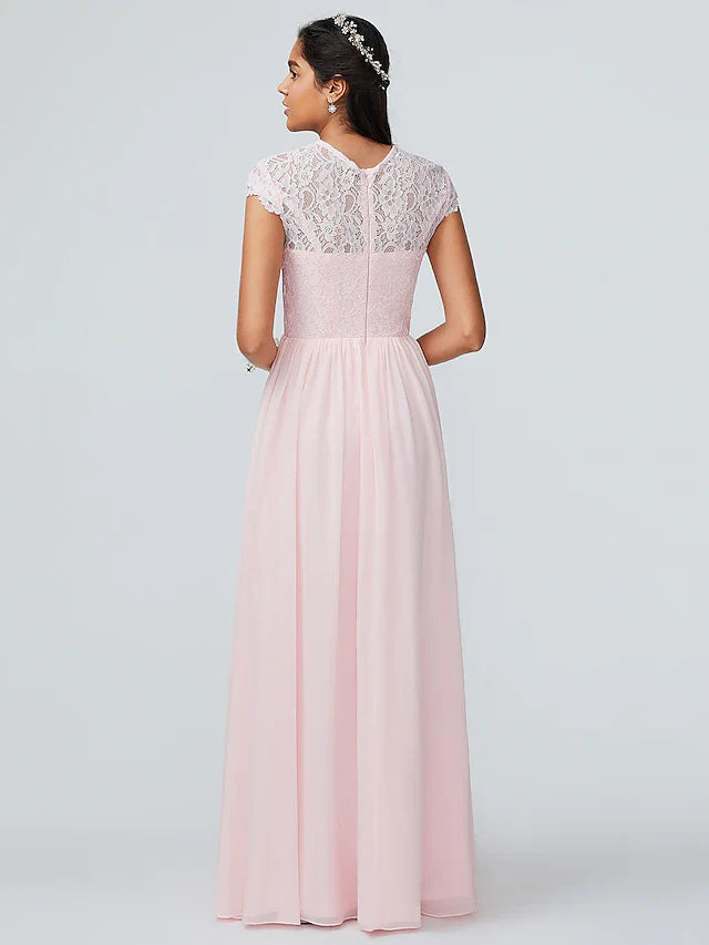 A-Line Bridesmaid Dress Jewel Neck Sleeveless Elegant Floor Length Chiffon with Lace 2022 / Sparkle & Shine