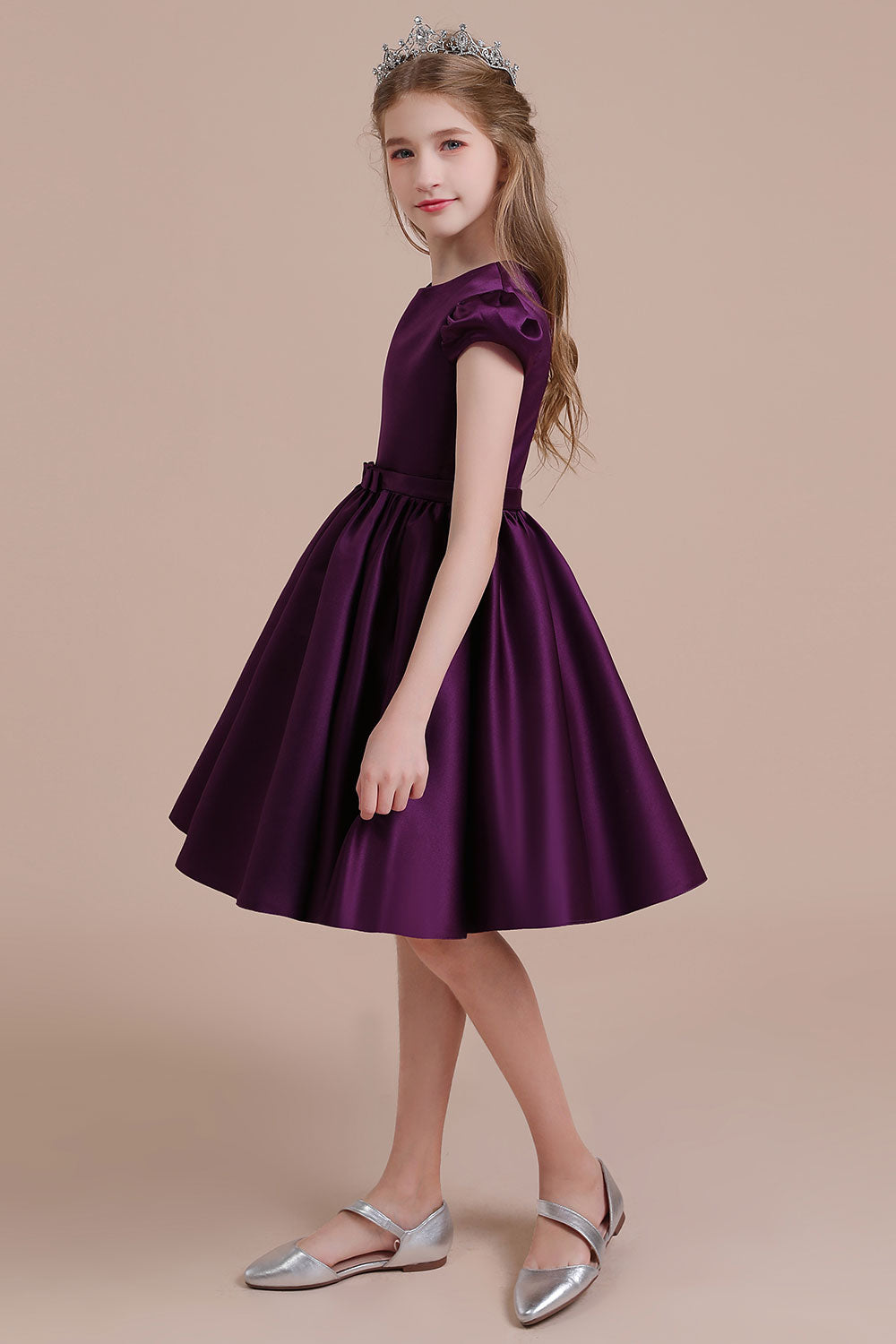 Graceful A-Line Satin Flower Girl Dress with Cap Sleeves & Ribbons