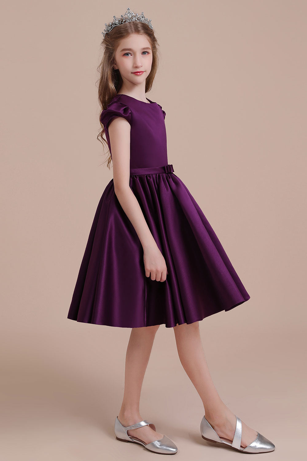 Graceful A-Line Satin Flower Girl Dress with Cap Sleeves & Ribbons