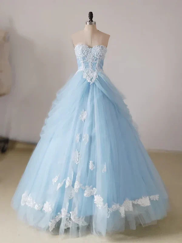 A-line lace chicken heart collar blue long ball dress Sky Blue Prom Dress