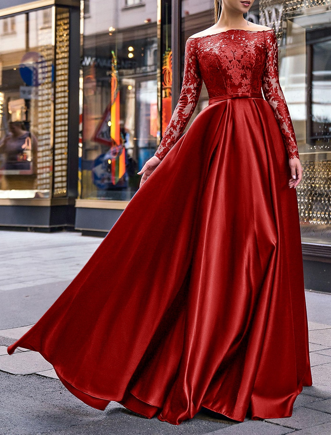 A-Line Evening Gown Party Dress Christmas Red Green Dress Elegant Dress Wedding Guest Fall Floor Length Long Sleeve Off Shoulder Belt / Sash Satin with Appliques 2025