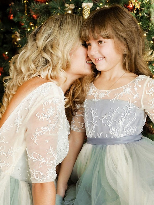 Half Sleeve Jewel Neck A-Line Flower Girl Dress with Lace Tulle and Bow Paillette