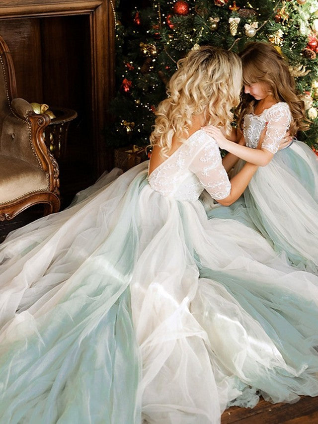 Half Sleeve Jewel Neck A-Line Flower Girl Dress with Lace Tulle and Bow Paillette