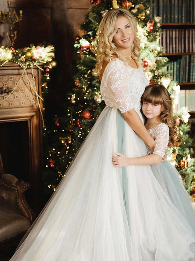 Half Sleeve Jewel Neck A-Line Flower Girl Dress with Lace Tulle and Bow Paillette
