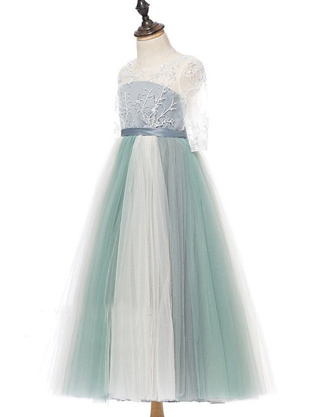 Half Sleeve Jewel Neck A-Line Flower Girl Dress with Lace Tulle and Bow Paillette