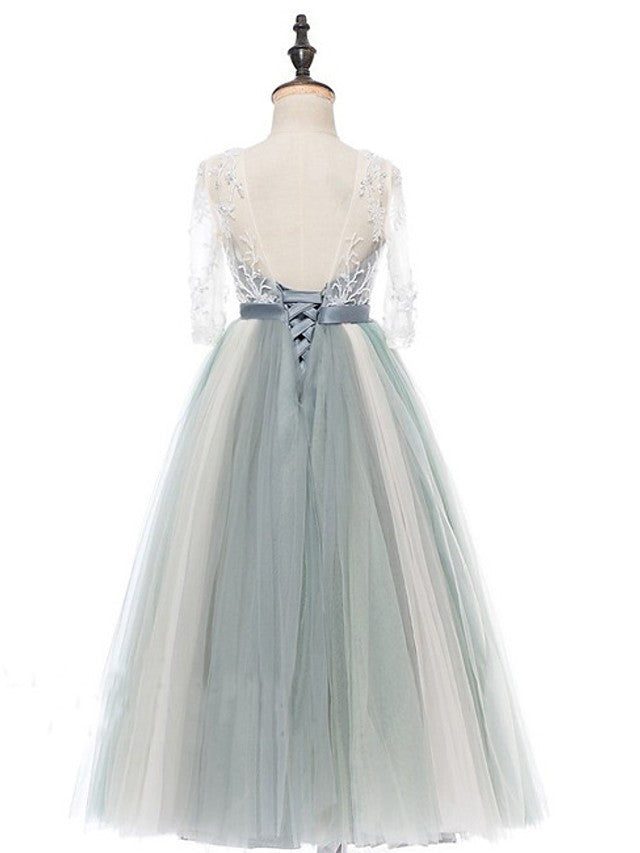 Half Sleeve Jewel Neck A-Line Flower Girl Dress with Lace Tulle and Bow Paillette