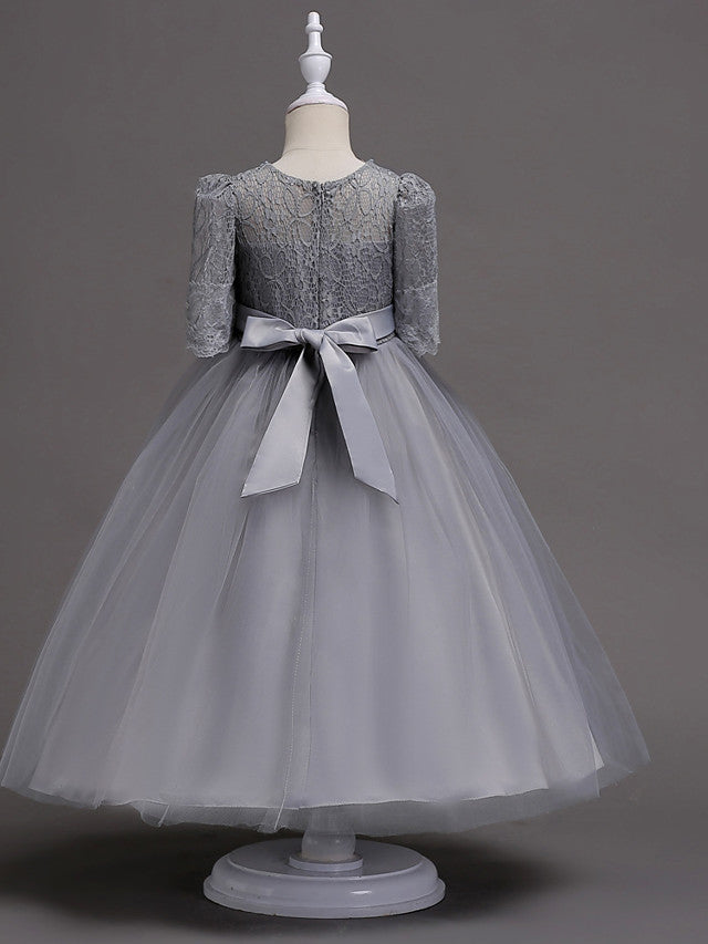 Half Sleeve Lace Jewel Neck Flower Girl Dresses with Satin Tulle Belt and Beading