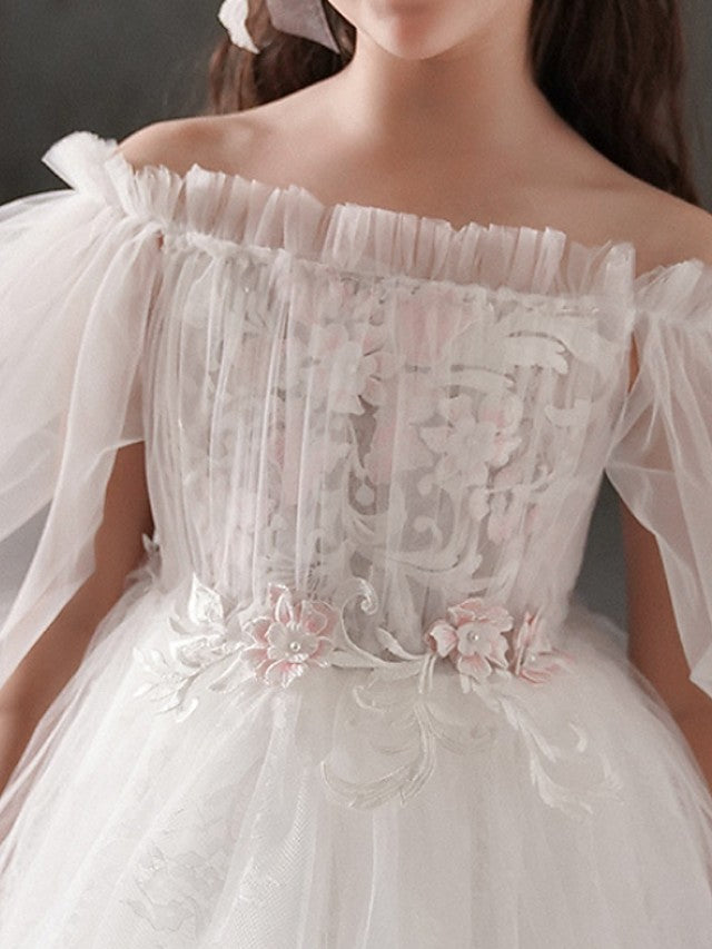 Half Sleeve Off Shoulder Flower Girl Dress with Appliques for Ball Gowns
