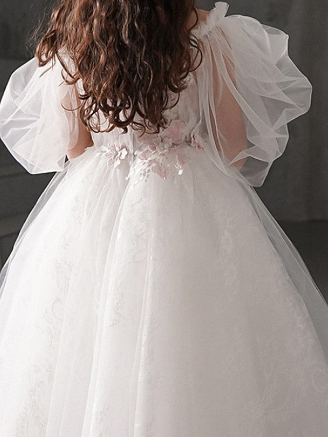 Half Sleeve Off Shoulder Flower Girl Dress with Appliques for Ball Gowns