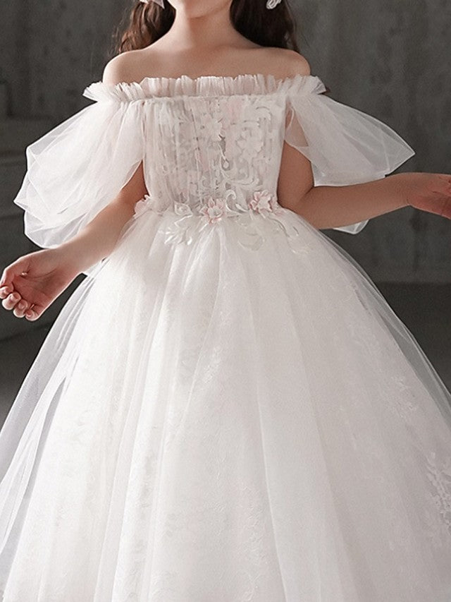 Half Sleeve Off Shoulder Flower Girl Dress with Appliques for Ball Gowns