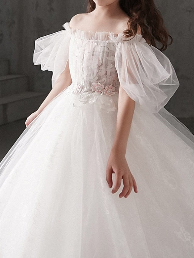 Half Sleeve Off Shoulder Flower Girl Dresses Polyester With Appliques