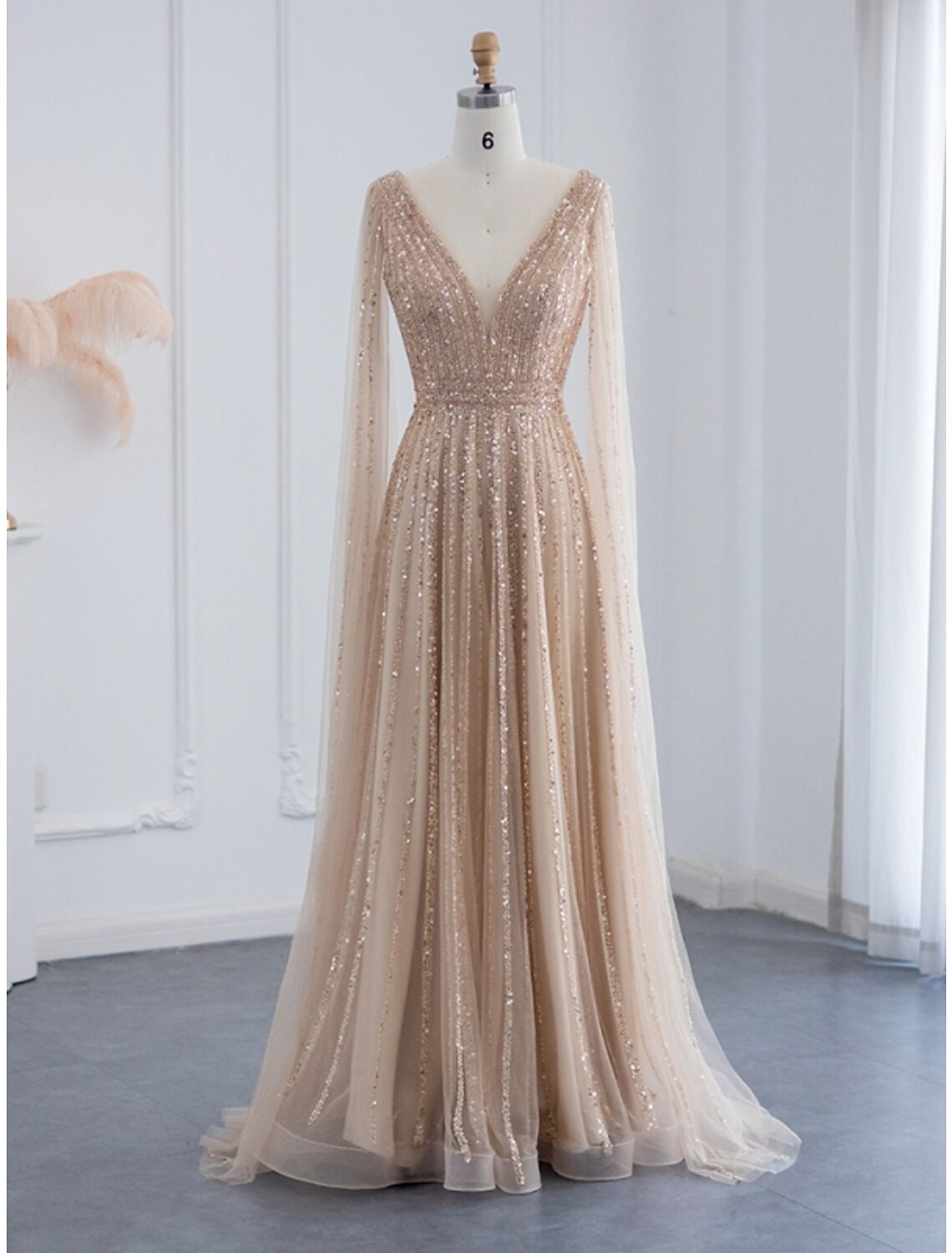 A-Line Evening Gown Sparkle & Shine Dress Formal Fall Sweep / Brush Train Long Sleeve V Neck Sequined with Glitter Pleats