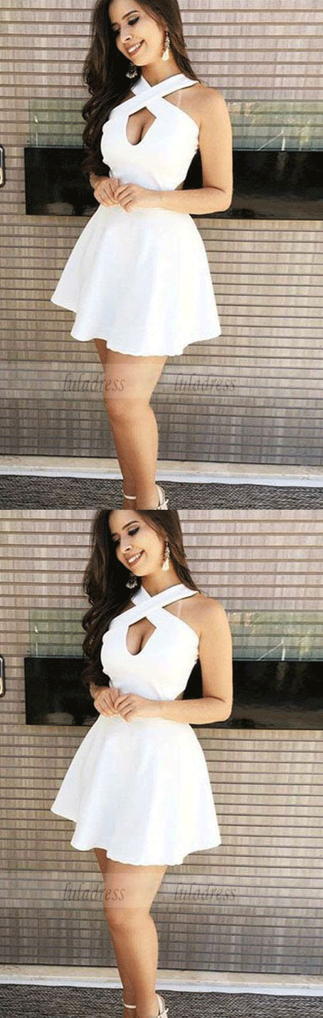 A-Line Cross Neck Open Back Short White Homecoming Dress with Keyhole