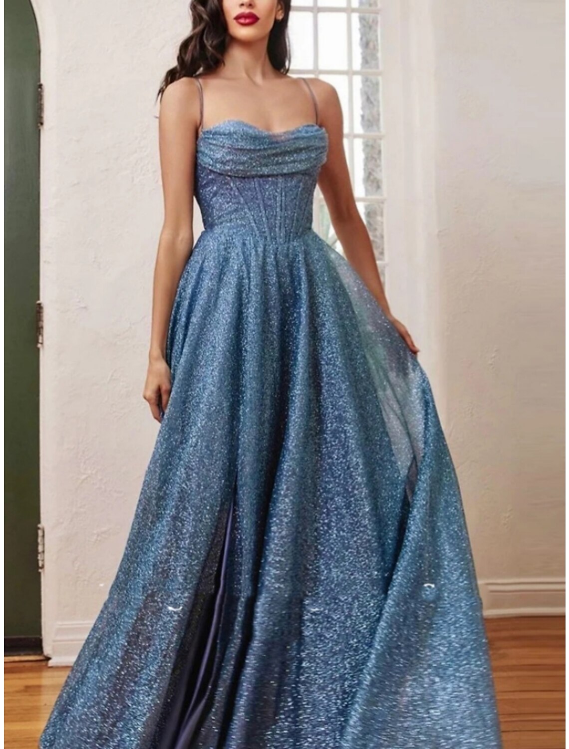 A-Line Evening Gown Elegant Dress Formal Court Train Sleeveless Spaghetti Strap Sequined with Glitter Pleats Ruched 2025