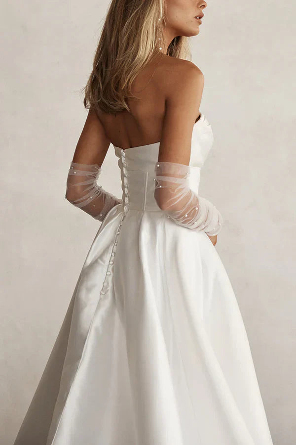 A line sweet satin pleated simple sleeved wedding dress Off Shoulder With Slit