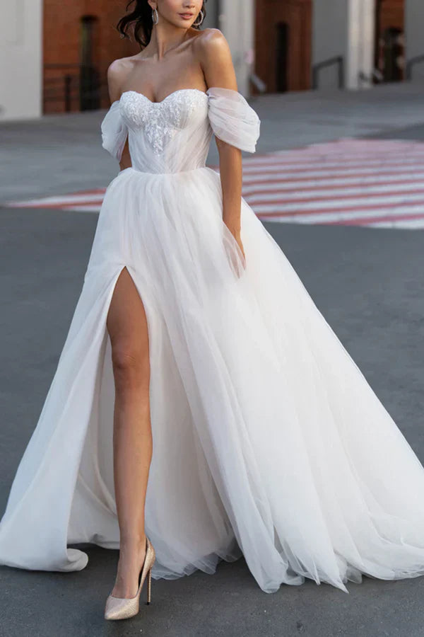 A Line Sweetheart Sticker Hall Casual Wedding Dress with Sleeves Country Style Bridal Dress Off Shoulder With Slit