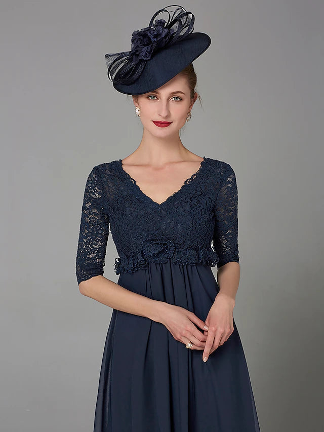 A-Line Mother of the Bride Dress Elegant & Luxurious V Neck Floor Length Chiffon Lace Half Sleeve with Lace