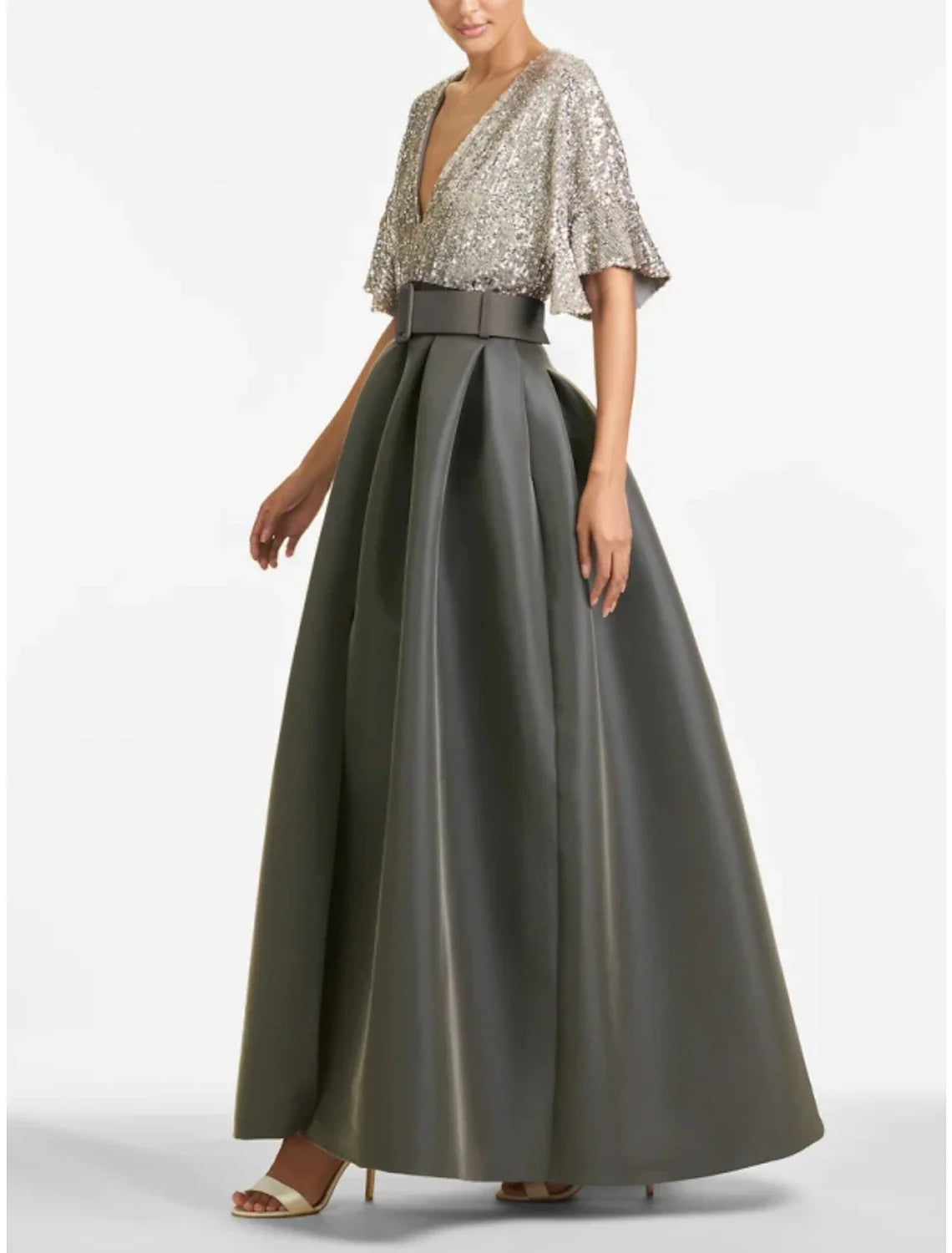 A-Line Evening Gown Sparkle & Shine Dress Formal Wedding Guest Ankle Length Half Sleeve V Neck Satin with Glitter Pleats 2025