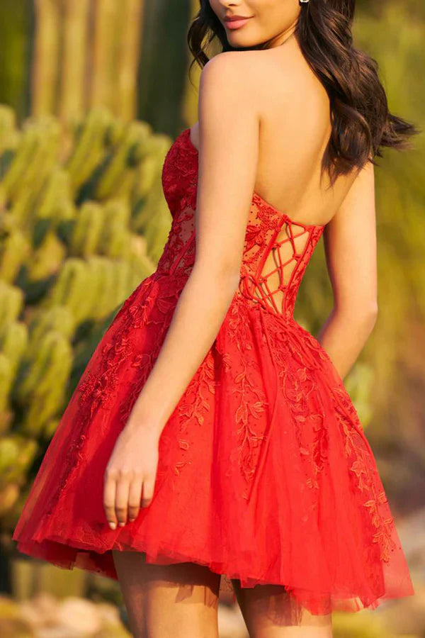 A line Sweetheart Lace Sticker Red Short Homecoming Dress