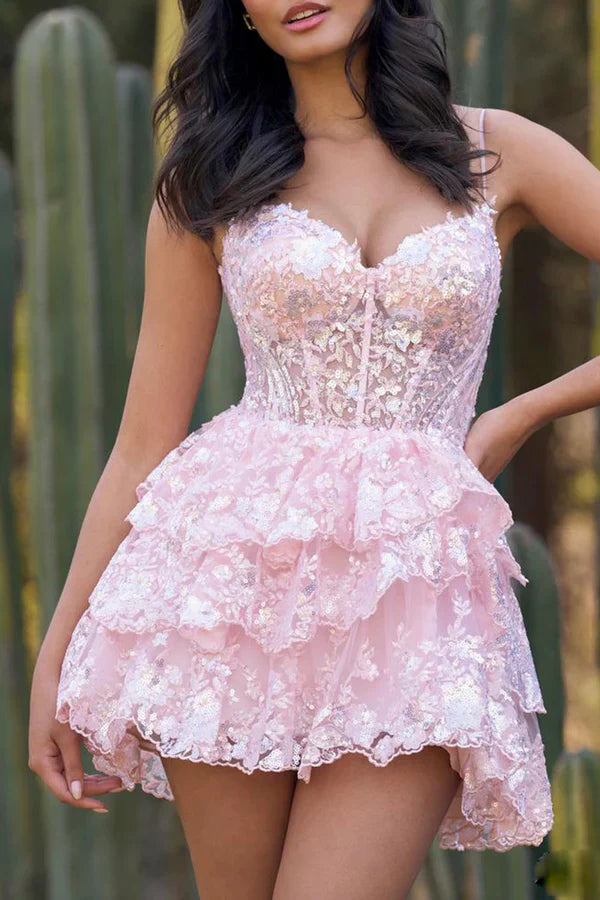 A Line Thin Shoulder Strap Trendy Pink Cute Homecoming Dress