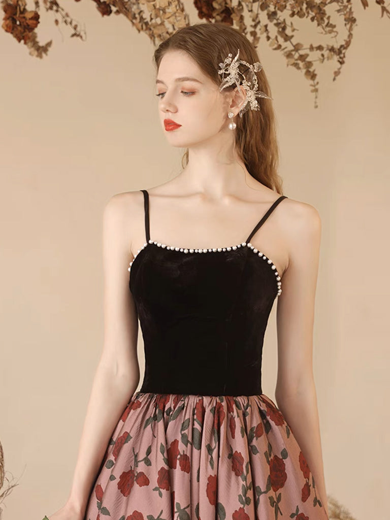 A-Line Black Velvet Satin Long Prom Dress, Black Long Formal Dress