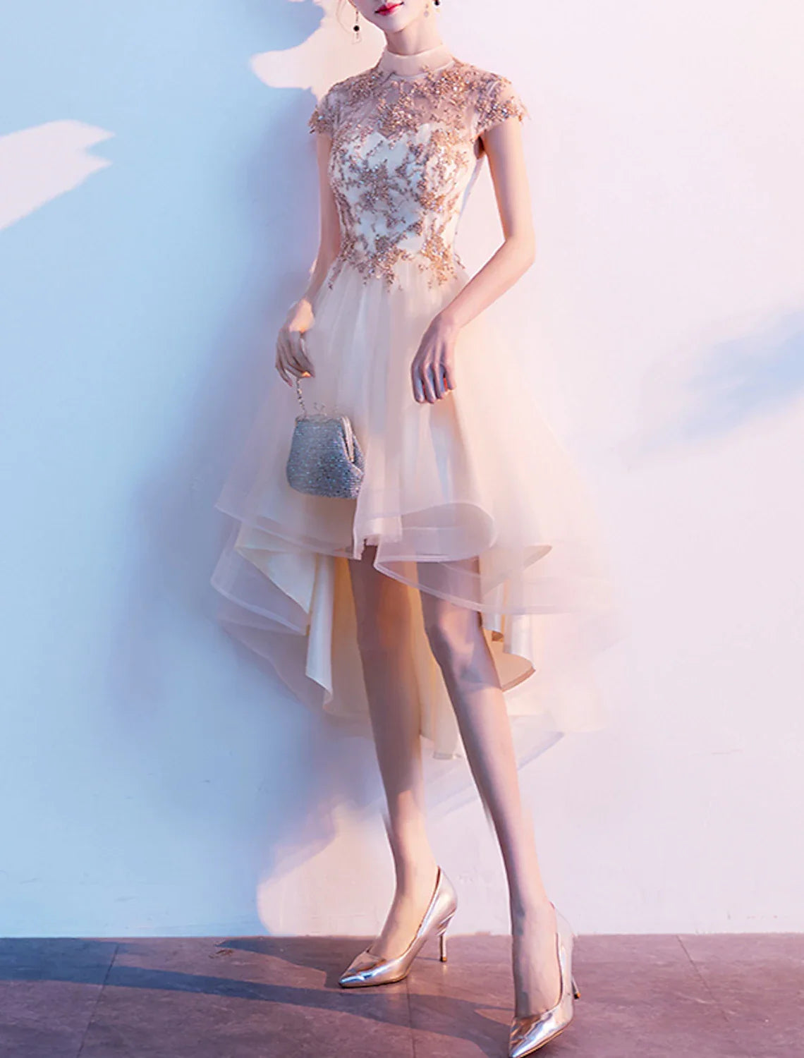 A-Line Cocktail Dresses Chinese Style Dress Wedding Guest Homecoming Asymmetrical Short Sleeve High Neck Tulle with Pleats Appliques