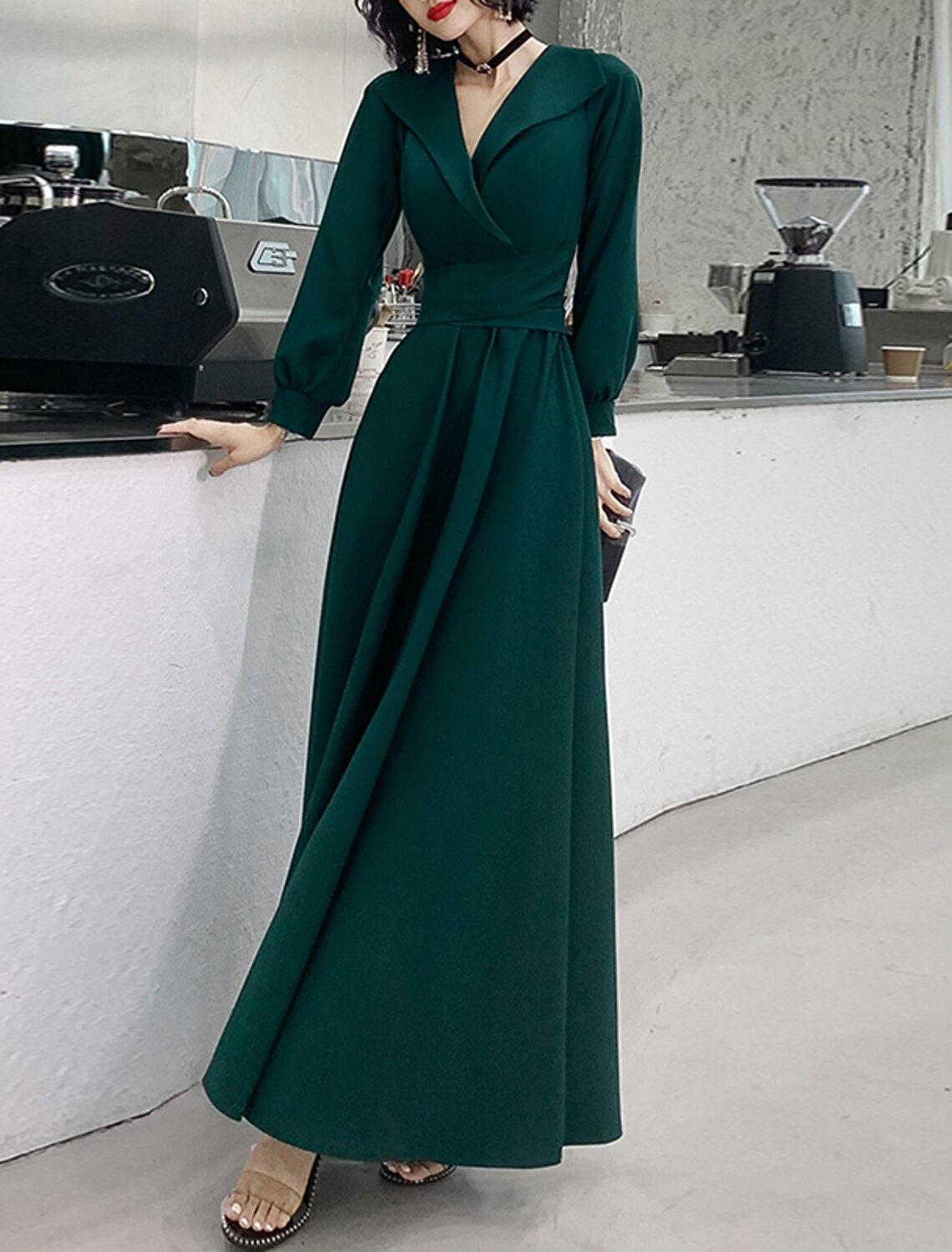 A-Line Evening Gown Minimalist Dress Prom Formal Evening Floor Length Long Sleeve V Neck  Fabric with Sash / Ribbon