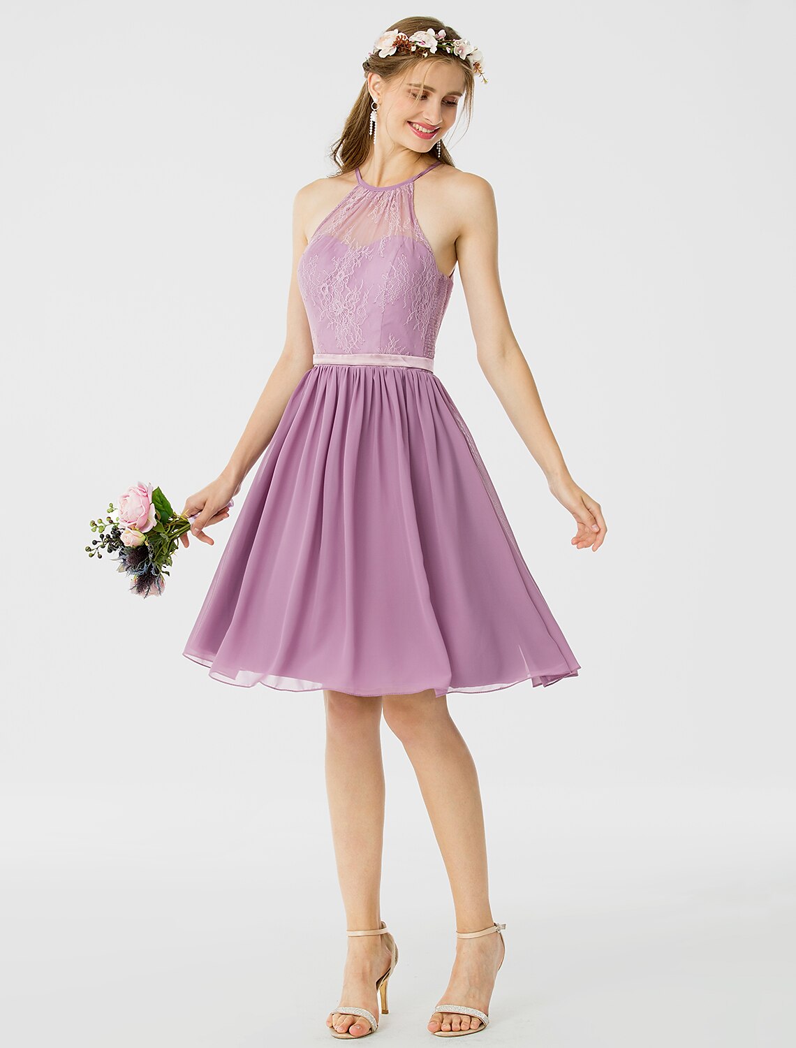 A-Line / Princess Halter Neck Knee Length Chiffon / Corded Lace Bridesmaid Dress with Sash / Ribbon / Pleats