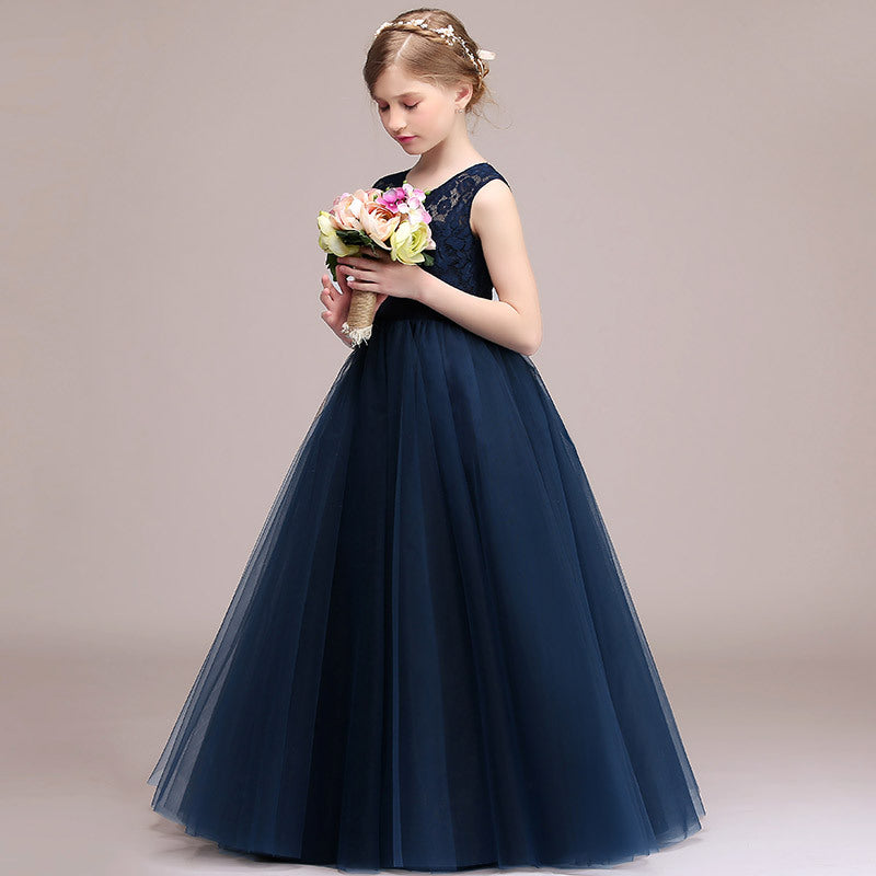 Jewel Illussion Neck Flower Girl Dress with Tulle lace