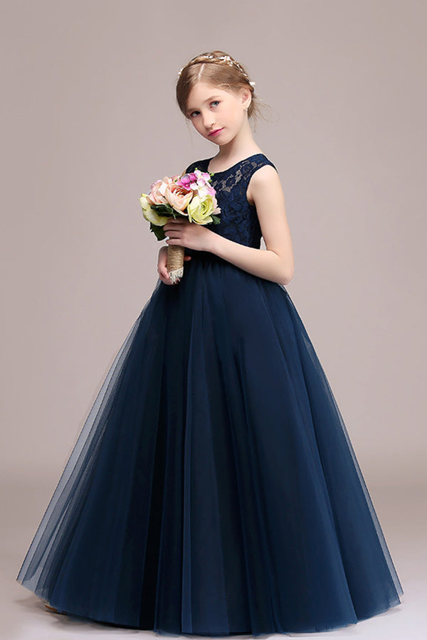 Jewel Illussion Neck Flower Girl Dress with Tulle lace
