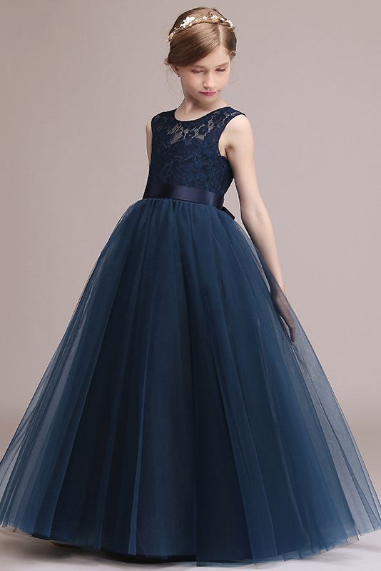 Jewel Illussion Neck Flower Girl Dress with Tulle lace