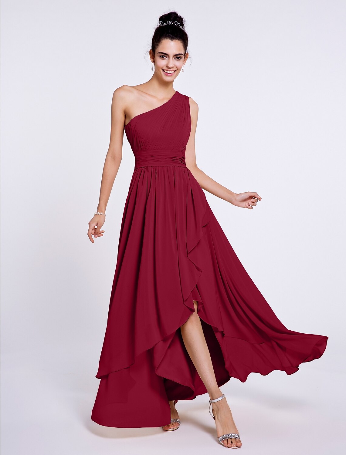 A-Line / Ball Gown One Shoulder Asymmetrical Chiffon Bridesmaid Dress with Sash / Ribbon / Side Draping
