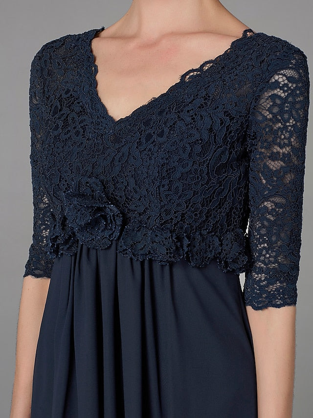 A-Line Mother of the Bride Dress Elegant & Luxurious V Neck Floor Length Chiffon Lace Half Sleeve with Lace