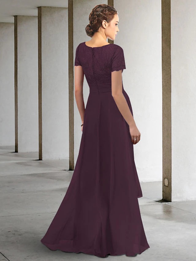 A-Line Mother of the Bride Dress Elegant High Low V Neck Asymmetrical Floor Length Chiffon Short Sleeve with Pleats