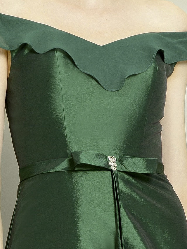 A-Line Mother of the Bride Dress Elegant High Low Off Shoulder Asymmetrical Chiffon Taffeta Short Sleeve with Pick Up Skirt Bow(s)