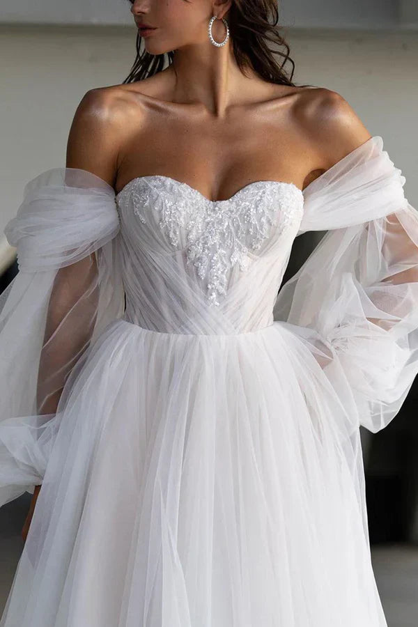 A Line Sweetheart Sticker Hall Casual Wedding Dress with Sleeves Country Style Bridal Dress Off Shoulder With Slit