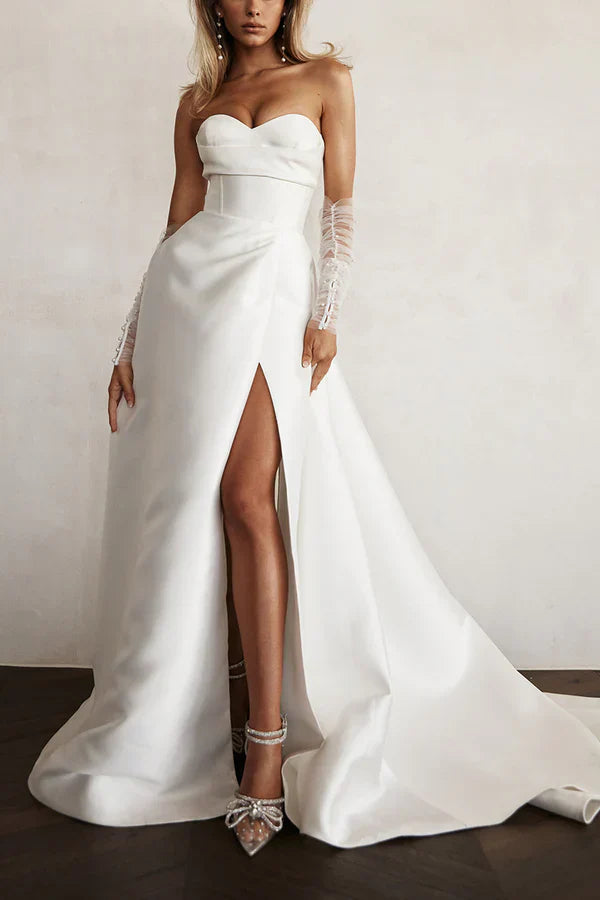 A line sweet satin pleated simple sleeved wedding dress Off Shoulder With Slit