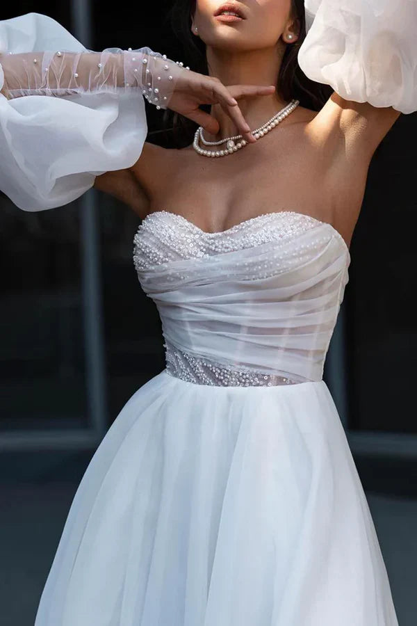 A line Sweetheart Hall casual wedding dress with sleeves pearl countryside style bride dress Sexy