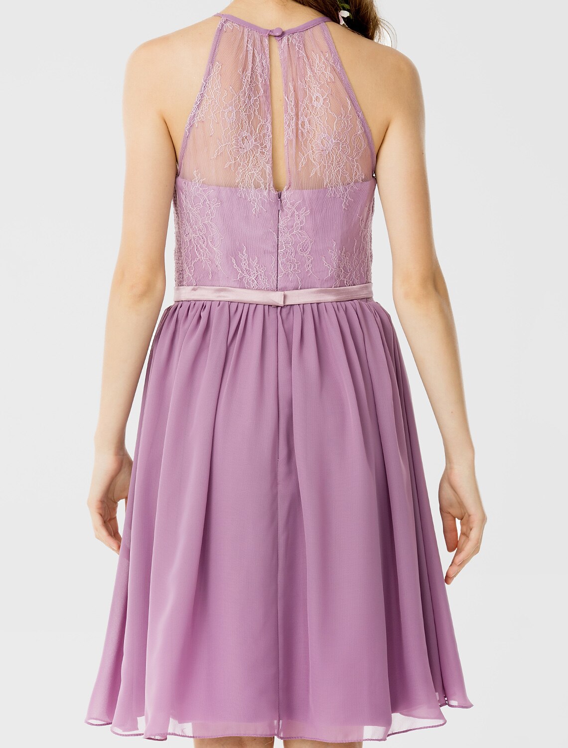 A-Line / Princess Halter Neck Knee Length Chiffon / Corded Lace Bridesmaid Dress with Sash / Ribbon / Pleats