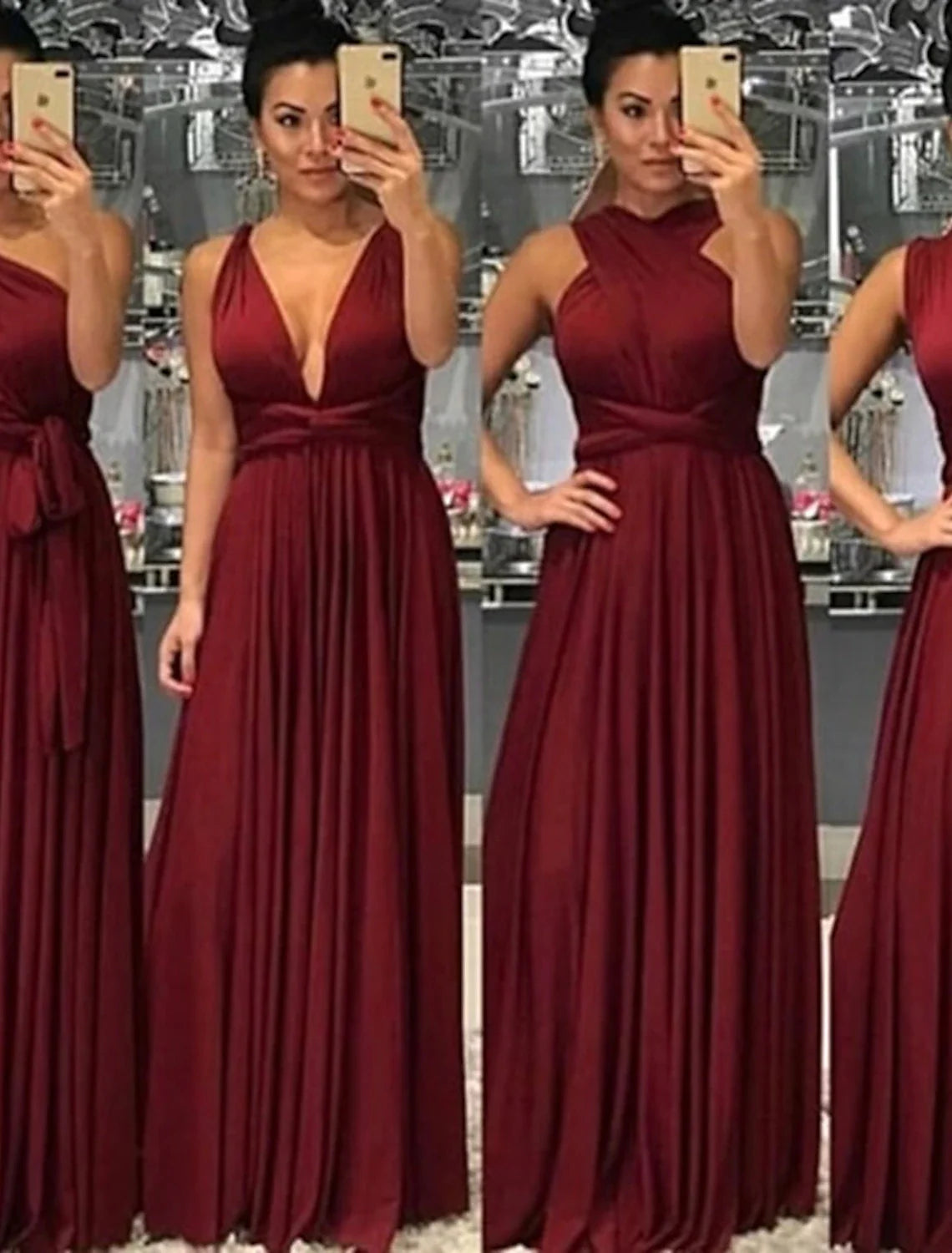 A-Line Bridesmaid Dress V Neck Sleeveless Convertible Floor Length Spandex with Sash / Ribbon / Pleats