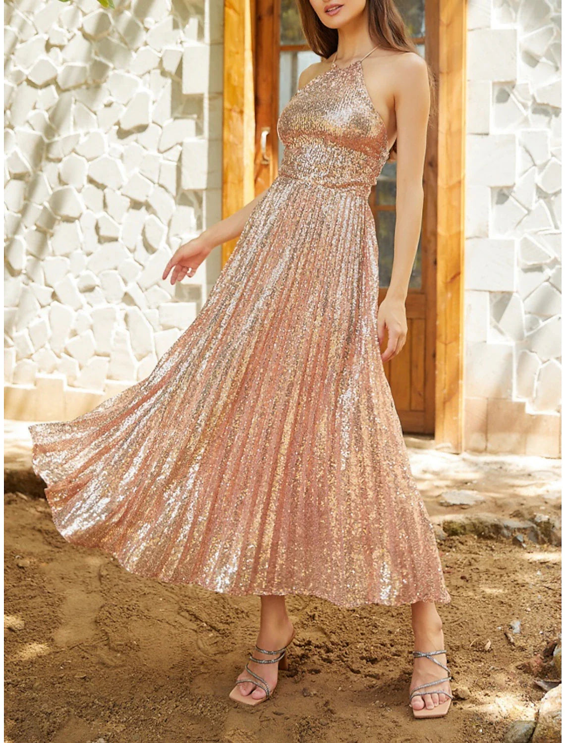 A-Line Bridesmaid Dress Halter Neck Sleeveless Glitter & Sparkle Ankle Length Sequined with Ruching / Solid Color