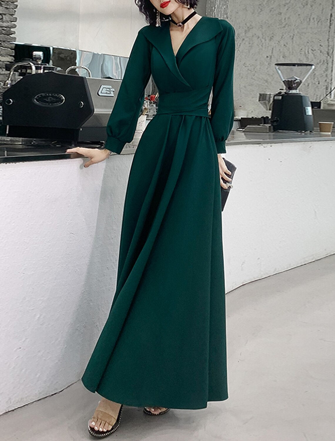 A-Line Evening Gown Minimalist Dress Prom Formal Evening Floor Length Long Sleeve V Neck  Fabric with Sash / Ribbon