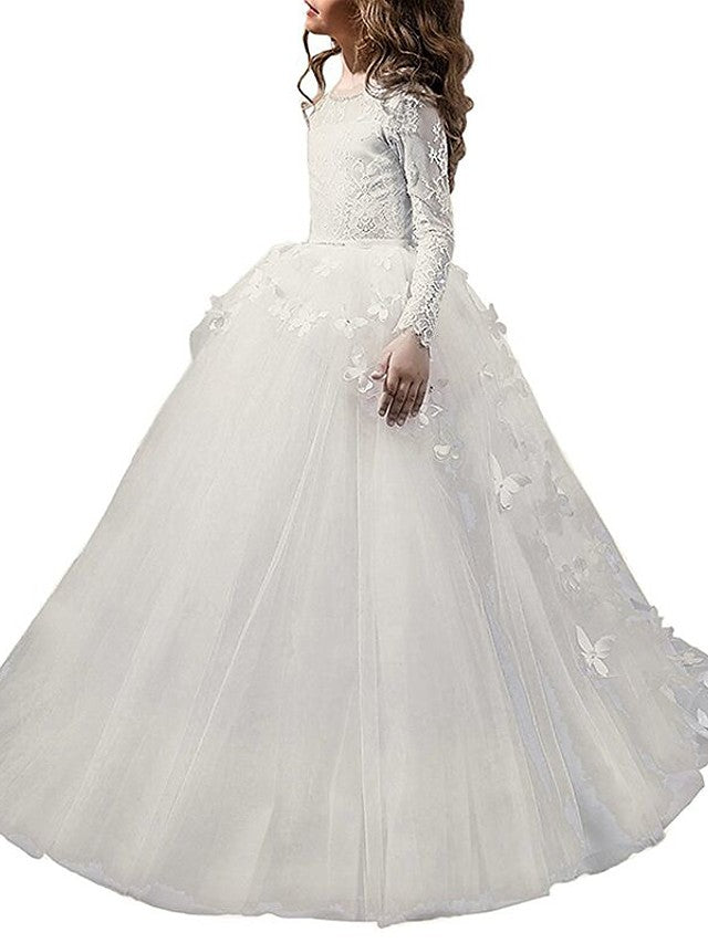 Lace Ball Gown with Bow Appliques and Buttons - Long Sleeve Jewel Neck Flower Girl Dress