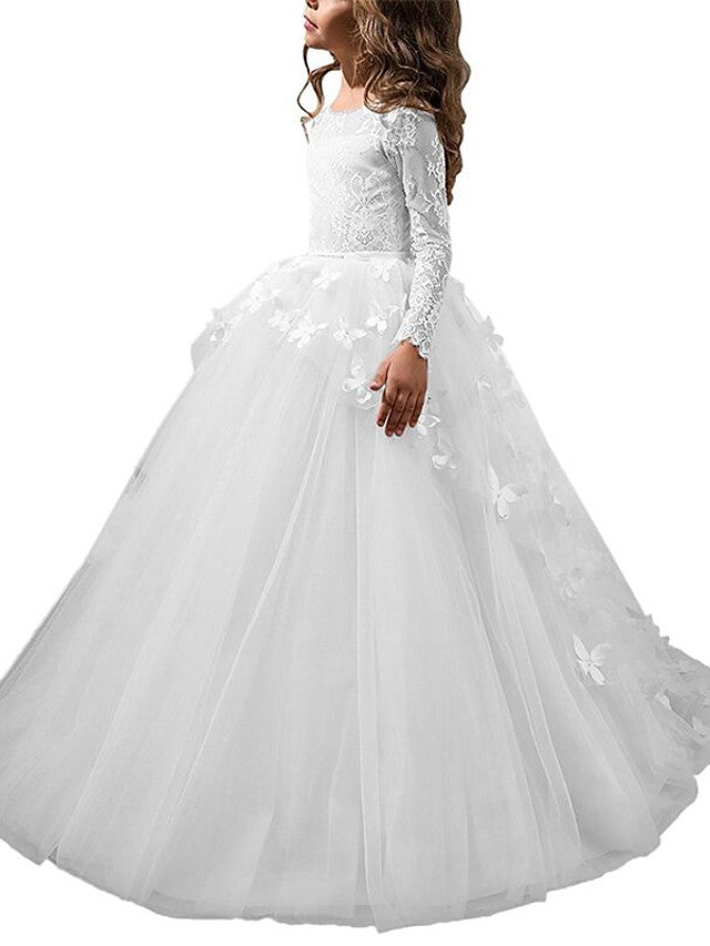 Lace Ball Gown with Bow Appliques and Buttons - Long Sleeve Jewel Neck Flower Girl Dress