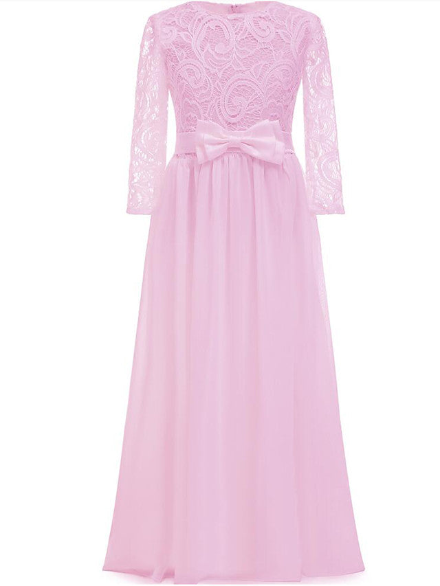 Lace Bow Jewel Neck Long Length Sheath Column Flower Girl Dress