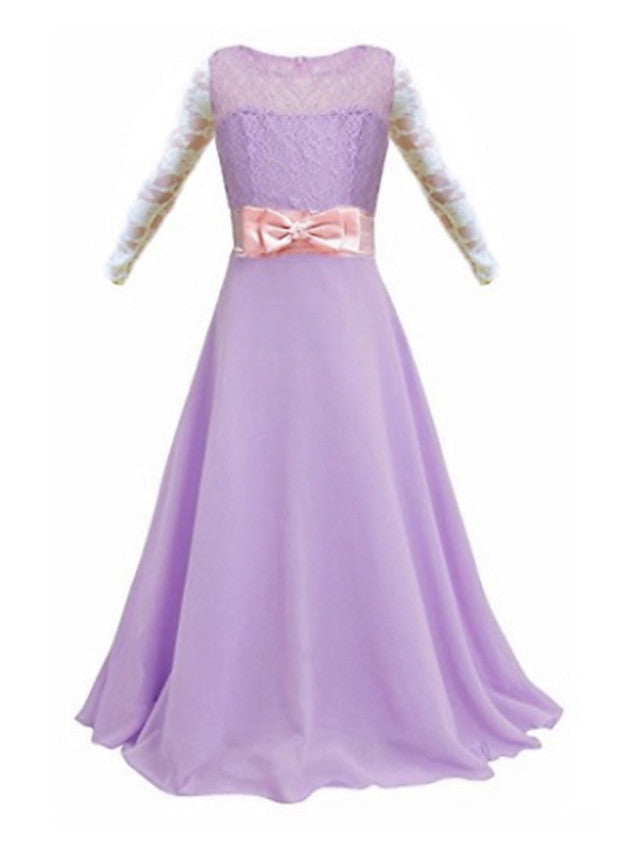 Lace Bow Jewel Neck Long Length Sheath Column Flower Girl Dress