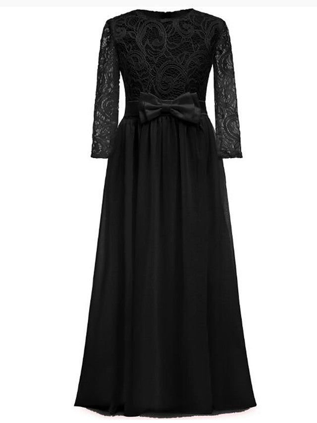 Lace Bow Jewel Neck Long Length Sheath Column Flower Girl Dress